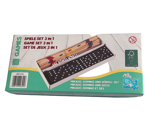 Beluga John Reisespiel Spieleset 3 in 1 Würfel Mikado Domino 19,0 cm x 8,5 cm