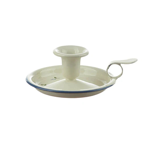 Münder Email Kerzenhalter emailliert 14,5 cm x 13,0 cm x 6 cm, Farbe creme mit blauem Rand und Blümchen