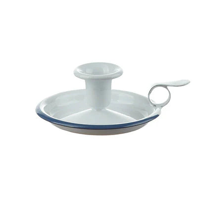 Münder Email Kerzenhalter emailliert 14,5 cm x 13,0 cm x 6 cm, Farbe weiß mit blauem Rand