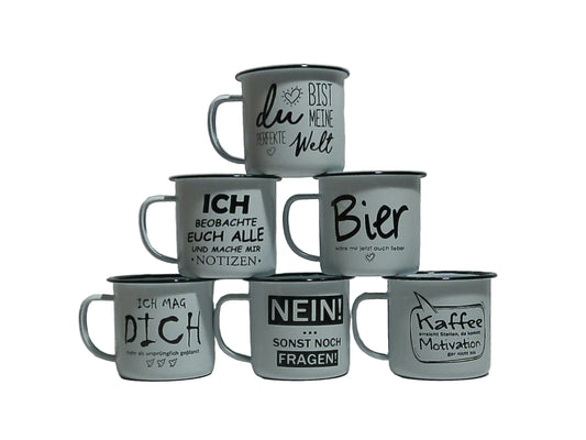 RETRO-Emaille Kaffeebecher-Set 6 x 350 ml, schwarz/weiß mit Spruch